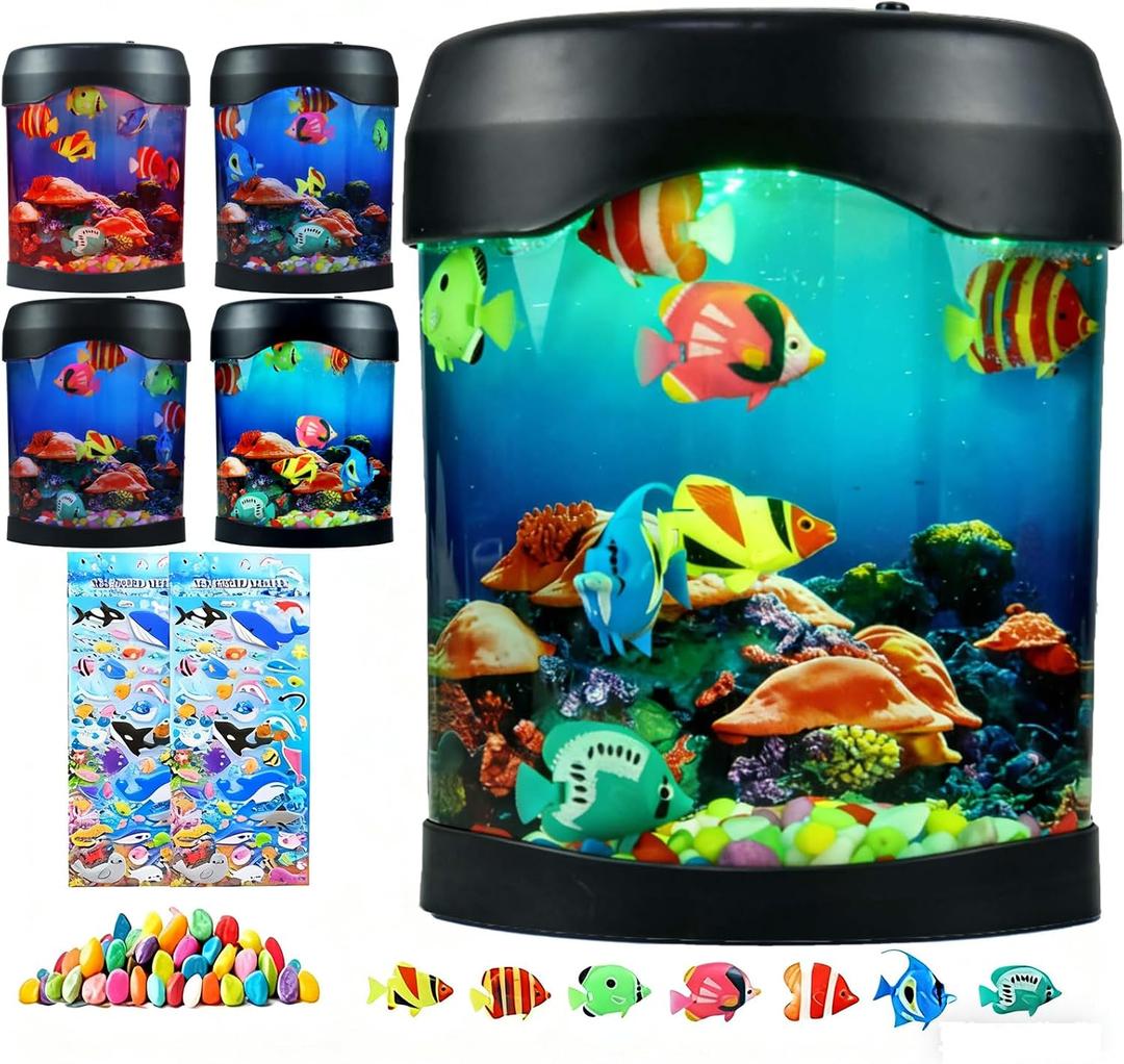 Toycol Fake Fish Lamp, LED Aquarium Sensory Light with 6 Color Changing and 7 Fake Fish, Mood-Relaxing Night Light, Exquisite Decoration for Office, Room and Party, Gifts for Kids and Adults