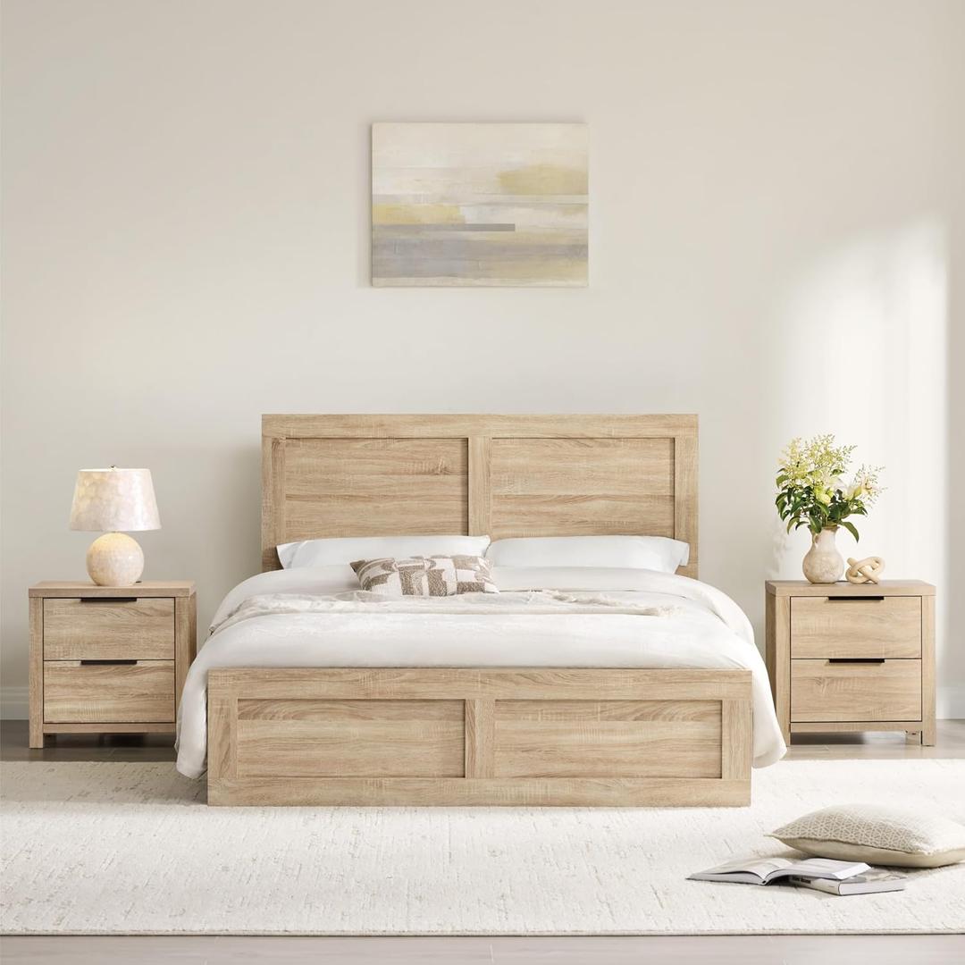 KISLOT 3 Pieces Bedroom Set, Queen Size Wood Platform Bed Frame and 2 Nightstands, Storage Nightstand with Type-C Charging Port, Farmhouse Bedroom Furniture Set