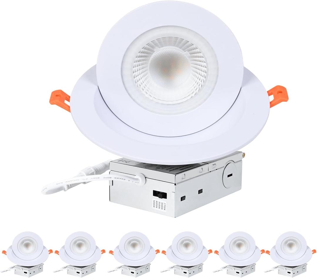 ZYC Gimbal LED Recessed Lighting - 6 Inch 5CCT 12W 360 Rotation Adjustable Eyeball Light,LED Swivel Spotlight,Directional Sloped Ceiling Light,Dimmable Canless Wafer Downlight Pack of 6 White.