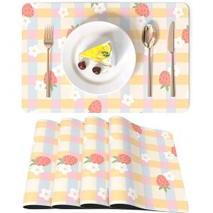 LilyCat Faux Leather Placemats Set of 6, Waterproof Oil-Proof Dining Table Mats for Kitchen, Indoor & Outdoor Heat Resistant Wipeable PU Place Mats, 18’’× 12’’, Strawberries and Small Flowers