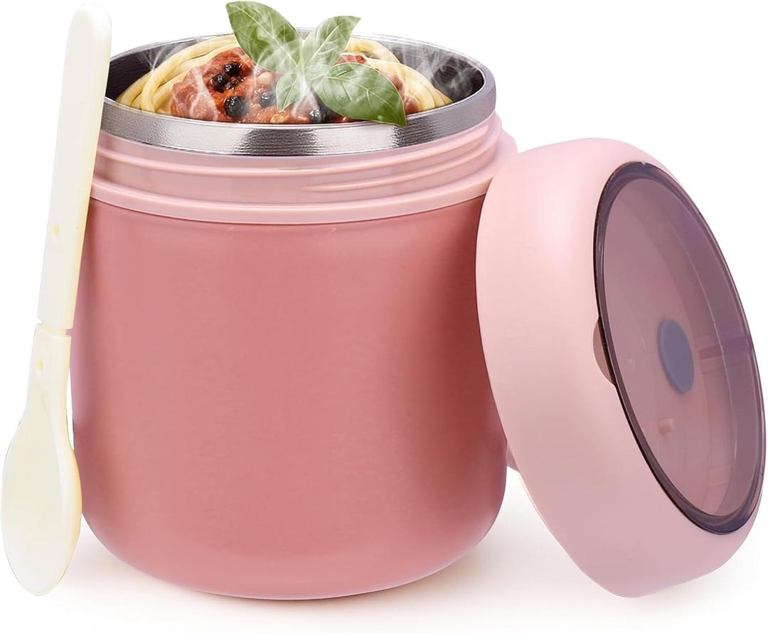 Juome 16oz Kids Thermo for Hot Food - Insulated Vacuum Food Jar Container, Wide Mouth Stainless Steel Soup Thermo Lunch Box for Kids with Spoon, Leakproof (Pink)