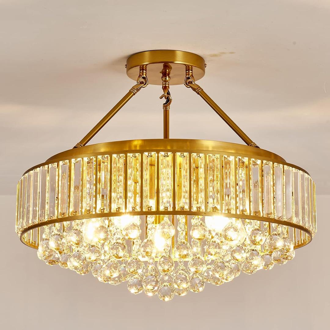 YYJLX 6-Light Modern Large Crystal Chandelier Gold Metal E26 Semi Flush Mount Round Ceiling Light Fixture Ceiling Lamp Farmhouse for Dining Room Living Room Laundry Room Foyer Kitchen Bedroom