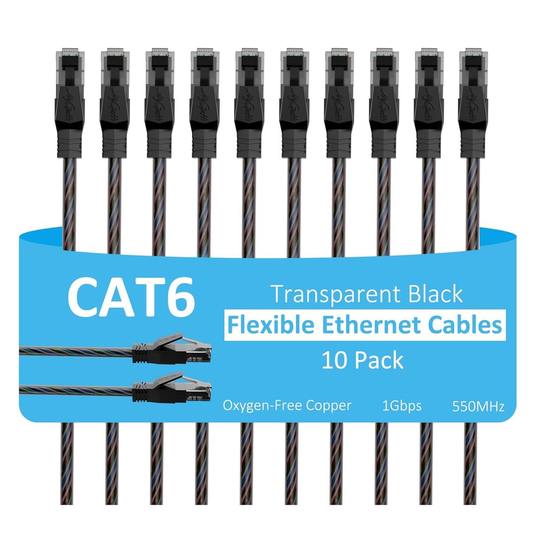 Cat6 Ethernet Cable 1 FT (10-Pack), Snagless Cat 6 Patch Cable, Upgraded Transparent Flexible PVC Jacket, OFC Oxygen-Free Copper, 1Gbps, Internet Network Cable, Cat6 Cables, UTP, Black Cable -10 Pack