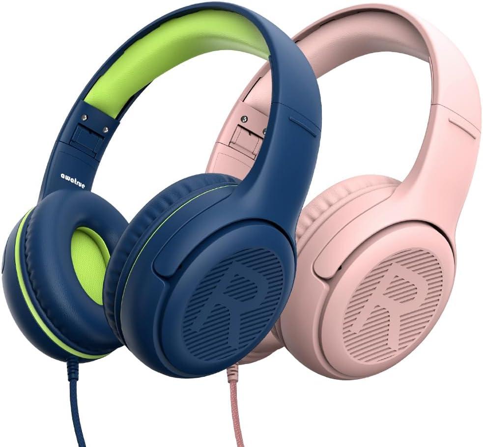 Kids Headphones Wired Toddler Headphones with Microphone, Over-Ear Headphones, 85/94dB Volume-Limiting, 3.5mm Jack, Foldable On-Ear Design (Bluegreen+Pink, Pack of 2)