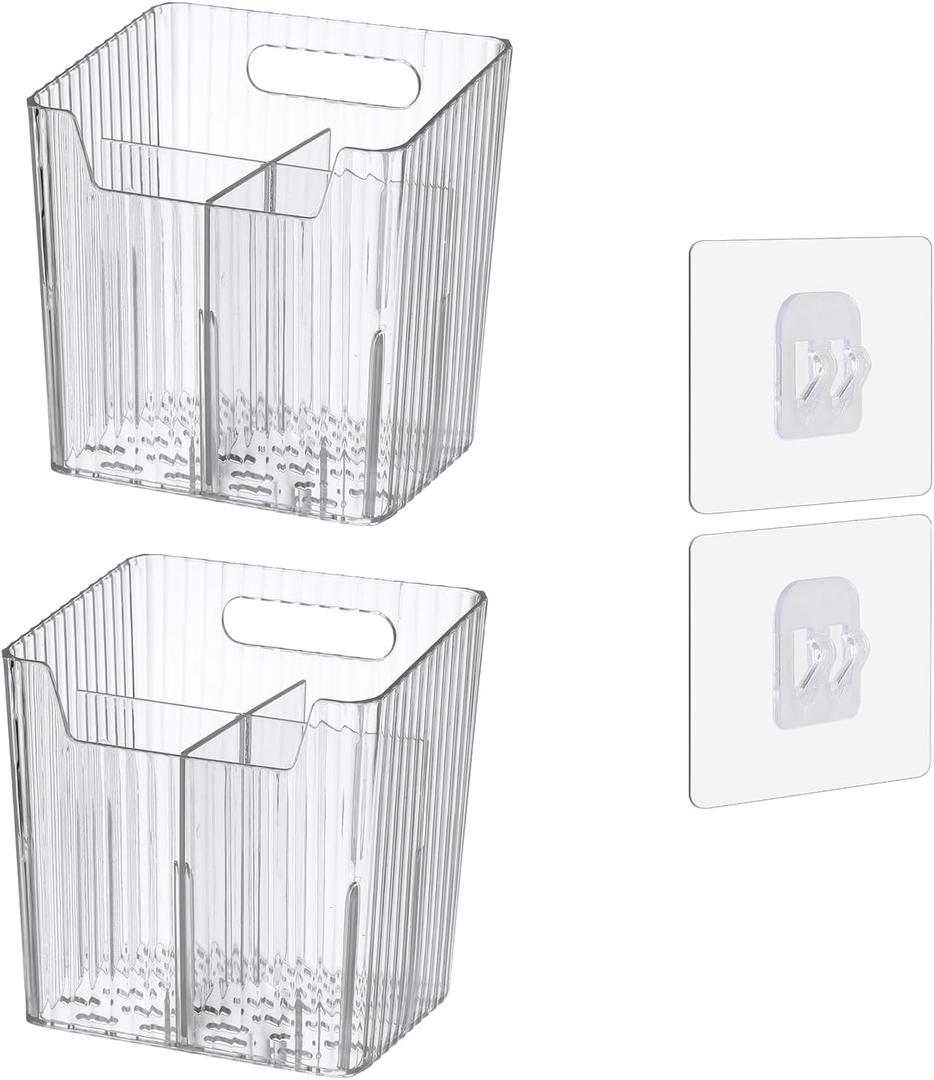 Set Of 2 Storage Organizer Bins Wall Mounted Shower Caddy, Bathroom shelves Stackable Clear Plastic Toothbrush Holder Adhesive Hanging Bin for Bathroom, Kitchen, Cabinet, Shower BPA Free Small, Clear-4.33x3.54x4.53in