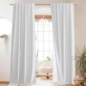 NICETOWN Back Tab 100% Blackout Linen Curtains with Thermal Insulated White Liner, White, 52" Wide, 84" Length Energy Saving Curtains for Living Room 2 Panels Set, Vertical Blinds