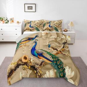 Feelyou Peacock Comforter Peacock with Floral Bedding Set for Kids Adults Girls Animals Comforter Set Botanical Quilt Set 1 Comforter Set with 2 Pillowcases Queen Size (Light Yellow)