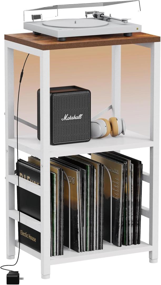 End Table with LED Light,Record Player Stand with Albums Storage,Vinyl Records Storage,Turntable Stand Side Table for Music Room Studio Living Room Bedroom-White