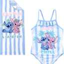 Disney Lilo and Stitch Girls One Piece Swimsuit Bathing Suit with Pool Beach Towel 20 x 50 Set for Toddler to Big Kids (White, L)