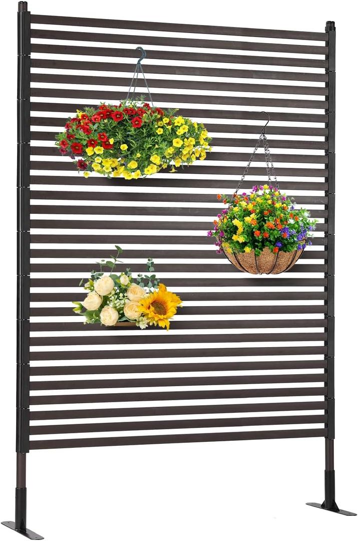 Metal Outdoor Privacy Screen with Stand, 3.6 ft W x 6 ft H PE-Coating Steel Pipes and Slats Panels, Decoative Privacy Screen Fence Panels Freestanding for Outside Patio Garden Backyard, Brown