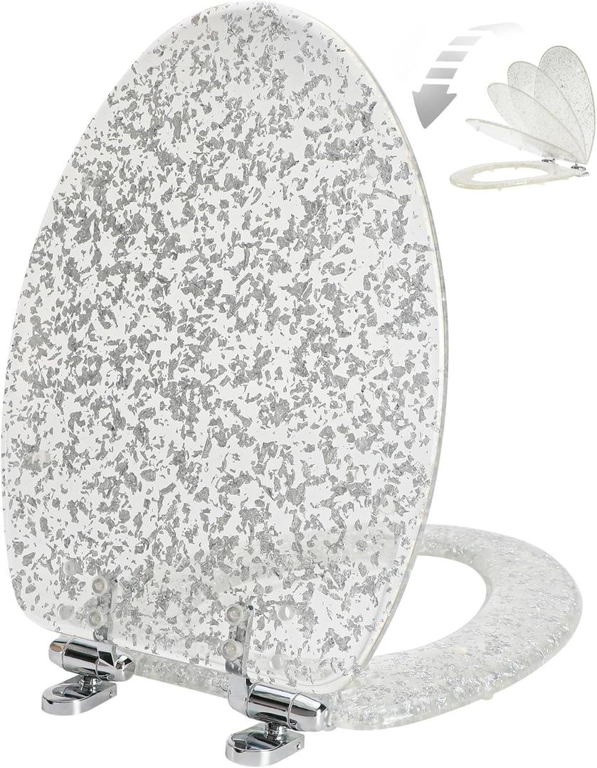 Elongated Resin Toilet Seat Glitter Silver, Slow Quiet-Close Lid and Seat, Heavy Duty Toilet Seats for Standard Toilet, Easy Installation & Cleaning (19Inch, Silver Foil, Upgraded hinges)