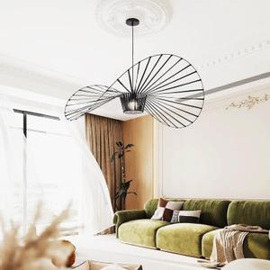KELUOLY Vintage Black Chandelier, D39 Creative Straw Hat Shape Pendant Light, Stretch Fabric+Fiberglass Material, Modern Woven Chandeliers, Suitable for Living Room, Bedroom, Dining Room, Office