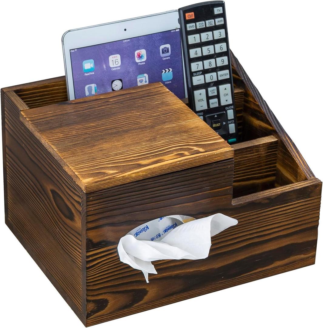 MyGift Deluxe Burnt Wood Remote Control Caddy with Tissue Box Cover  Multi-Compartment Organizer for TV Remotes, Phone, Tablets and Living Room Essentials