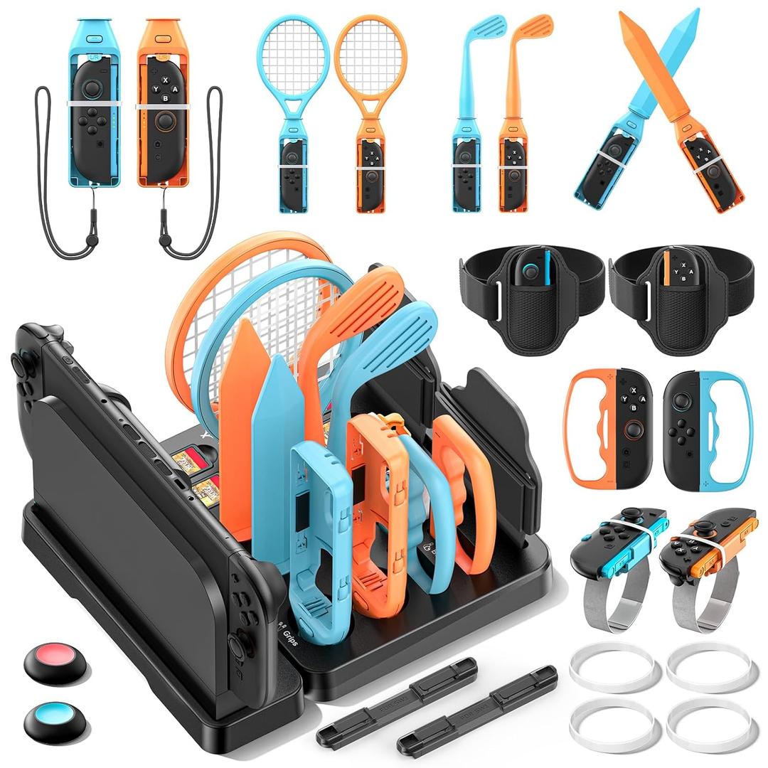 Switch 1/2 Sports Accessories Bundle with Organizer Station Compatible with Nintendo Switch Console & Joy-con, Storage and Organizer for Switch Sports Games, Family Sports Games Pack Accessories Kit (Orange & Blue)