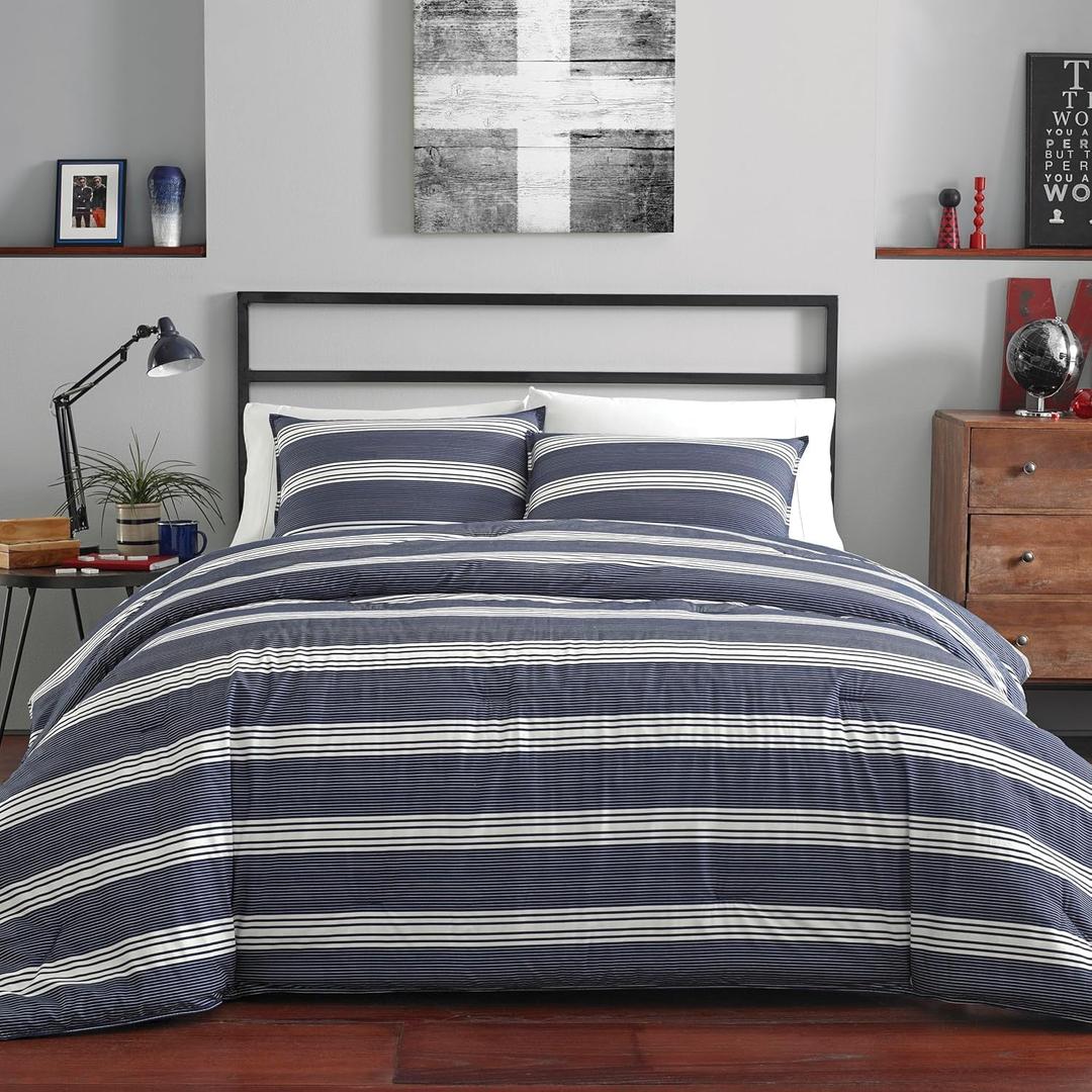 Nautica - Twin/Twin XL Comforter Set, Soft & Reversible Cotton Bed Set for Year Round Comfort, 2 Piece Striped Bedding with Matching Pillowcase (Craver Navy)