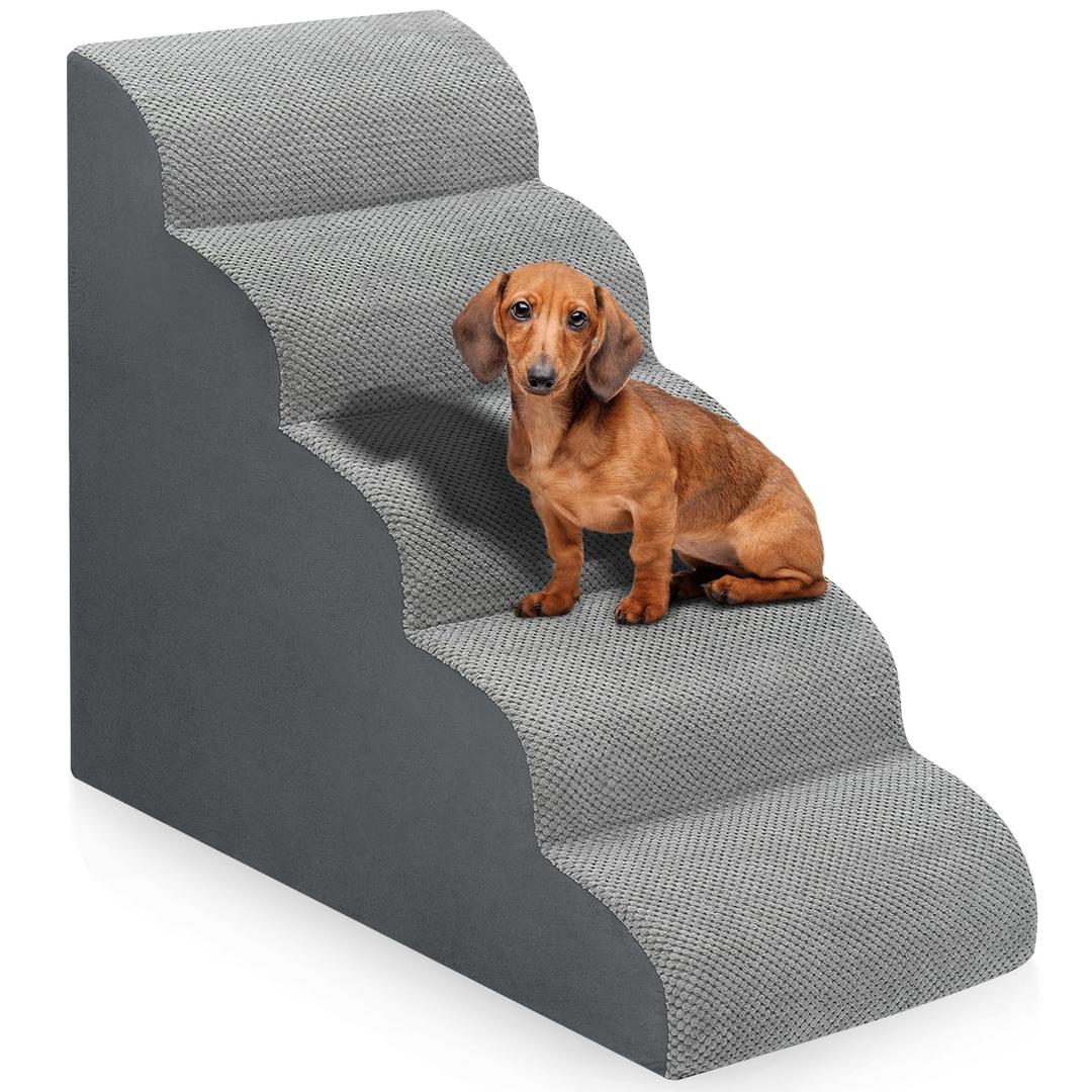 Dog Stairs for Bed 50 x 80inch  5-Step Dog Ramp, Non-Slip Sturdy Pet Steps for Small Dogs & Cats to get on High Bed or Couches, Grey