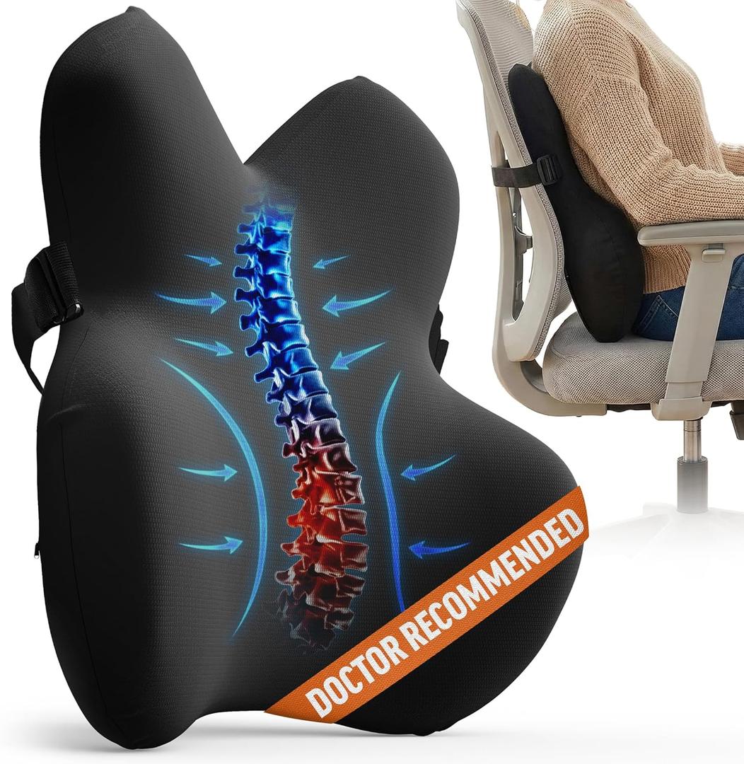 Everlasting Comfort Lumbar Support Pillow for Office Chair - Memory Foam Back Cushion for Car Seat - Promotes Better Posture, Back Pain Relief - Ideal Gaming and Desk Chairs Work and Home Essentials (Large)
