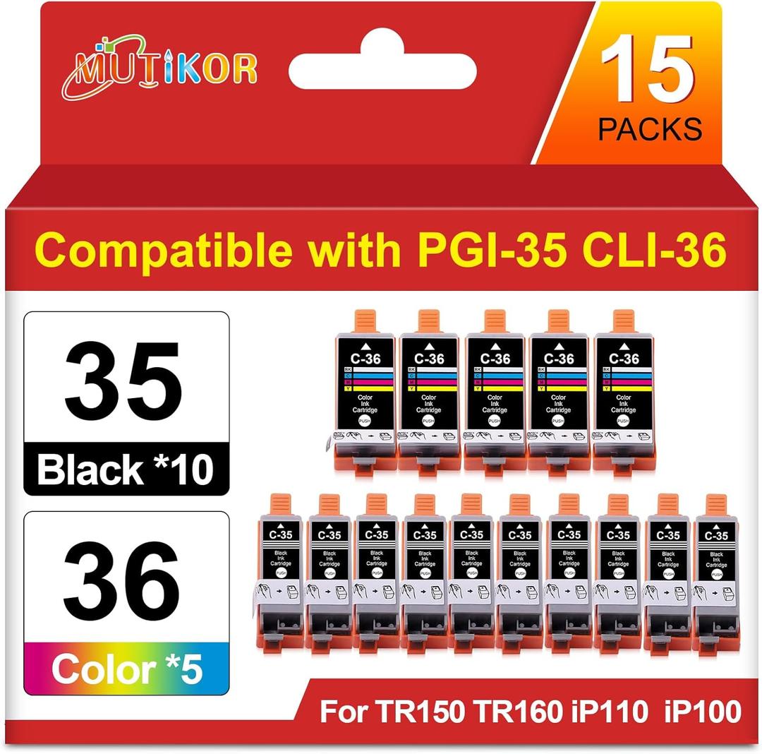 15 Packs pgi35 cli36 Ink Replacement for Canon 35 36 Ink Cartridge for Printers TR160 TR150 iP110 iP100, Compatible for Canon tr150 Ink Cartridges (10 Black pgi-35 | 5 Tri-Color cli-36)