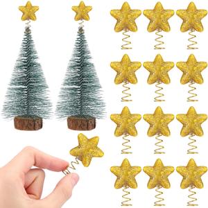 Soulchen 12 Pcs Mini Star Christmas Tree Toppers, 1.6 x 1 Inch Glitter Star Miniature Tree Topper Treetop Ornaments for Xmas Party Decoration Holiday Outdoor Indoor Home, Gold