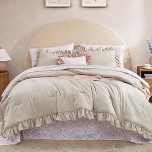 BLOOMHAVEN Full Comforter Set - 7 Pieces Ruffle Beige Bedding Sets, Shabby Chic Farmhouse Bed in a Bag Full with Ruffle Comforter, Floral Sheets, Pillowcases & Shams