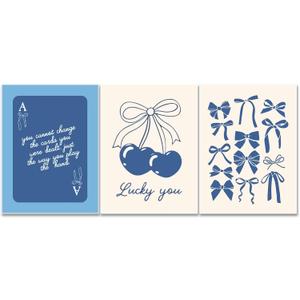 Julaydi Blue Preppy Wall Art Posters Set of 3 Trendy Navy Bow Canvas Prints Cherry Lucky You Poker Painting Picture Minimalist Girly College Apartment Decor for Living Room Bedroom 12x16in Unframed (16L" x 12W")