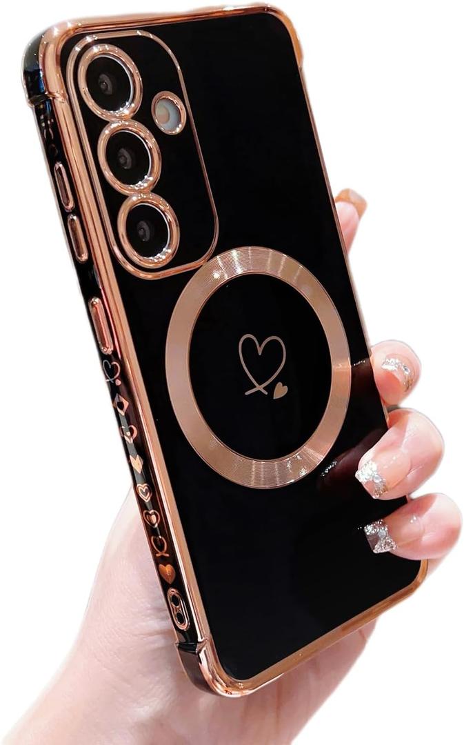 ZTOFERA Magnetic Case for Samsung Galaxy S23 FE 5G [Compatible with MagSafe] Cute Plating Love Hearts Pattern Case with Camera Protection,Soft Shockproof TPU Bumper Cover for Women Girls,Black