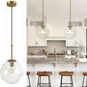 10" Globe Clear Glass Pendant Light, Mid Century Modern Light Fixture for Dining Room, Bedroom, Kitchen Island Lighting, Brushed Brass Gold