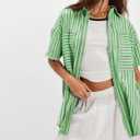 Womens Striped Button Down Shirts Casual Collared Short Sleeve Blouses Tops (Green, L)
