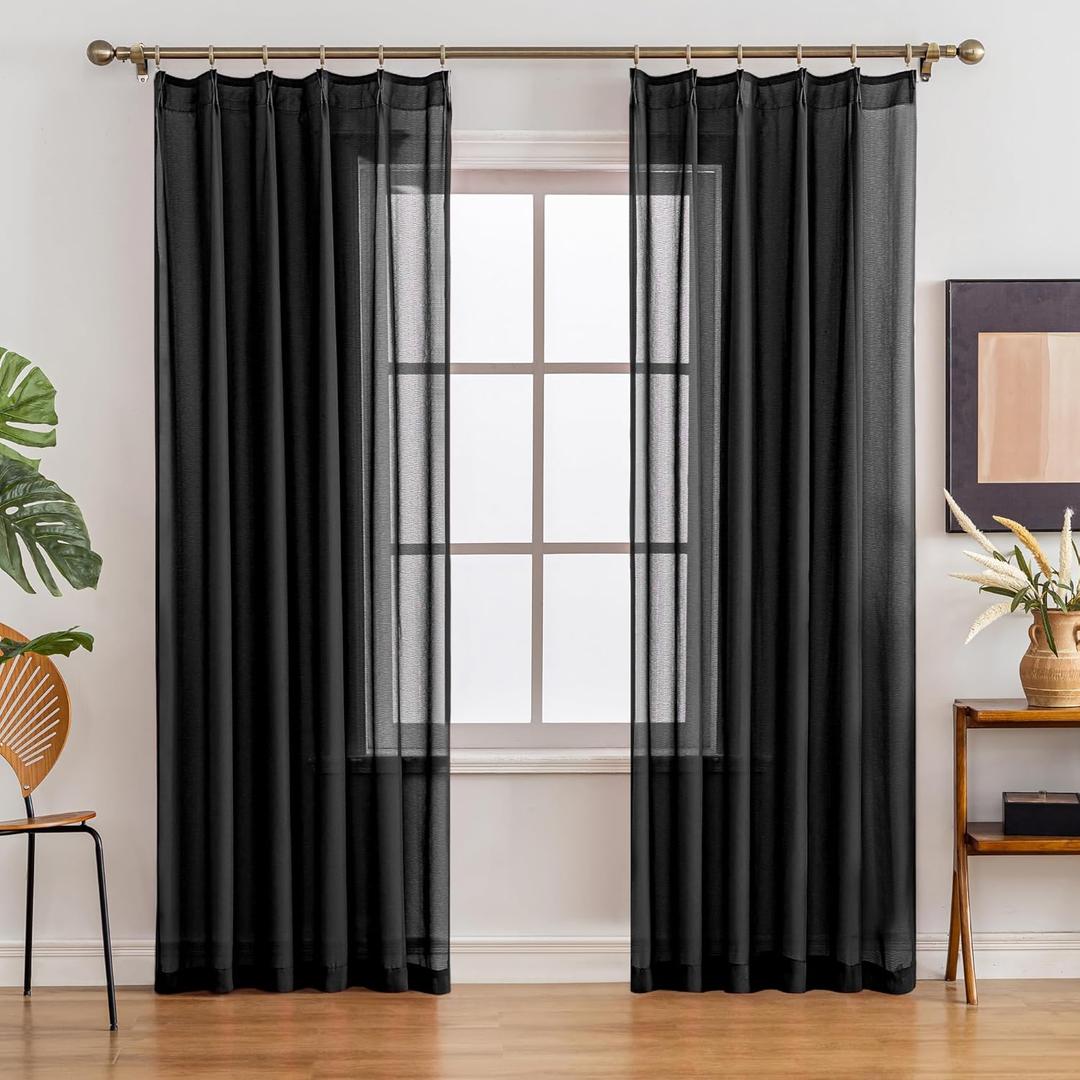 Pinch Pleated Sheer Curtains 80 Inches Long Light Filterring Sheer Semi Voile Drapes Pinch Pleated Curtains for Living Room Bedroom(Black, 42 W x 80 L, 2 Panels)