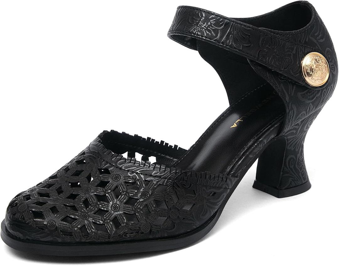 NEWBELLA Womens Mary Janes Vintage Pumps with Adjustable Ankle Strap & Embossed Cutou Design, Comfortable Flared Heels for Casual & Dressy, Size 9