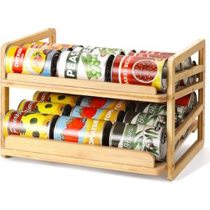 Yumkfoi Rolling Bamboo Can Organizer Rack, Stackable Double-Layer Can Organizers and Storage For Pantry, Canned Goods Holder Dispenser For Countertop Kitchen Cabinet or Pantry Shelf