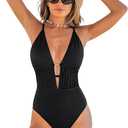 CUPSHE Women's One Piece Swimsuit Plunging Neck Cutout Monokini Textured | Bathing Suit, Removable Soft Cups, Ruched, Crisscross Self Tie Back, Adjustable Straps, Moderate Coverage, Vacation Ready (Black, L)
