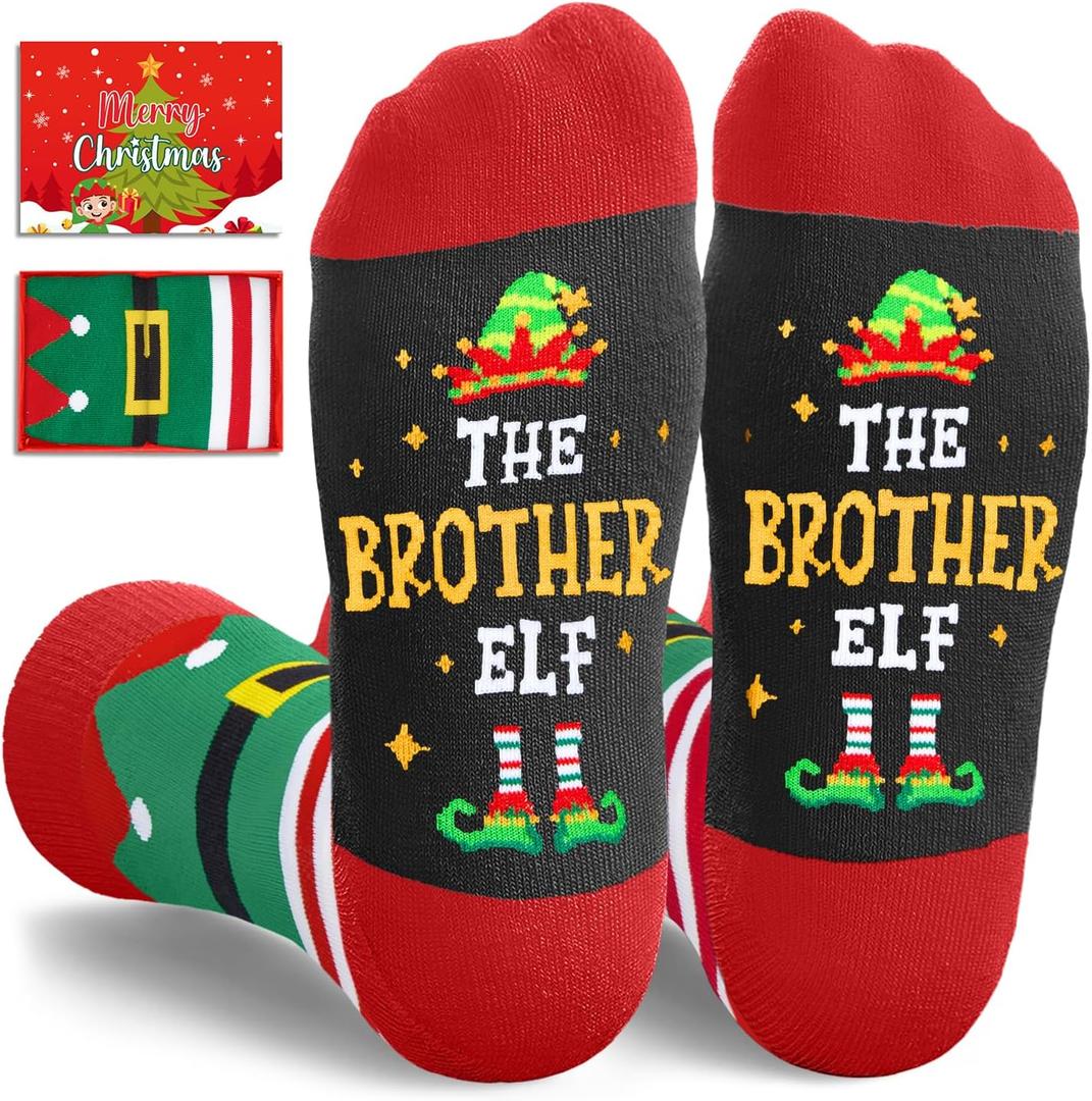 HAPPYPOP Christmas Gifts for Men - Secret Santa Socks Xmas Stocking Stuffers for Him Red (The Brother Elf - Red)