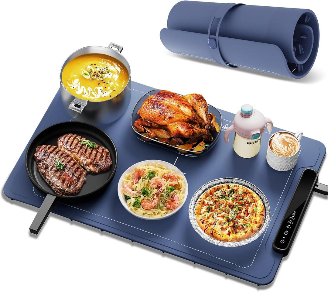 Food Warming Mat, Silicone Electric Warming Tray with 3 Modes Temperature & Fast Heating, Raised Feet Protects Table, Roll Up Buffet Hot Plates Heat Pad, Portable Food Warmer for Parties Home Travel (Blue)