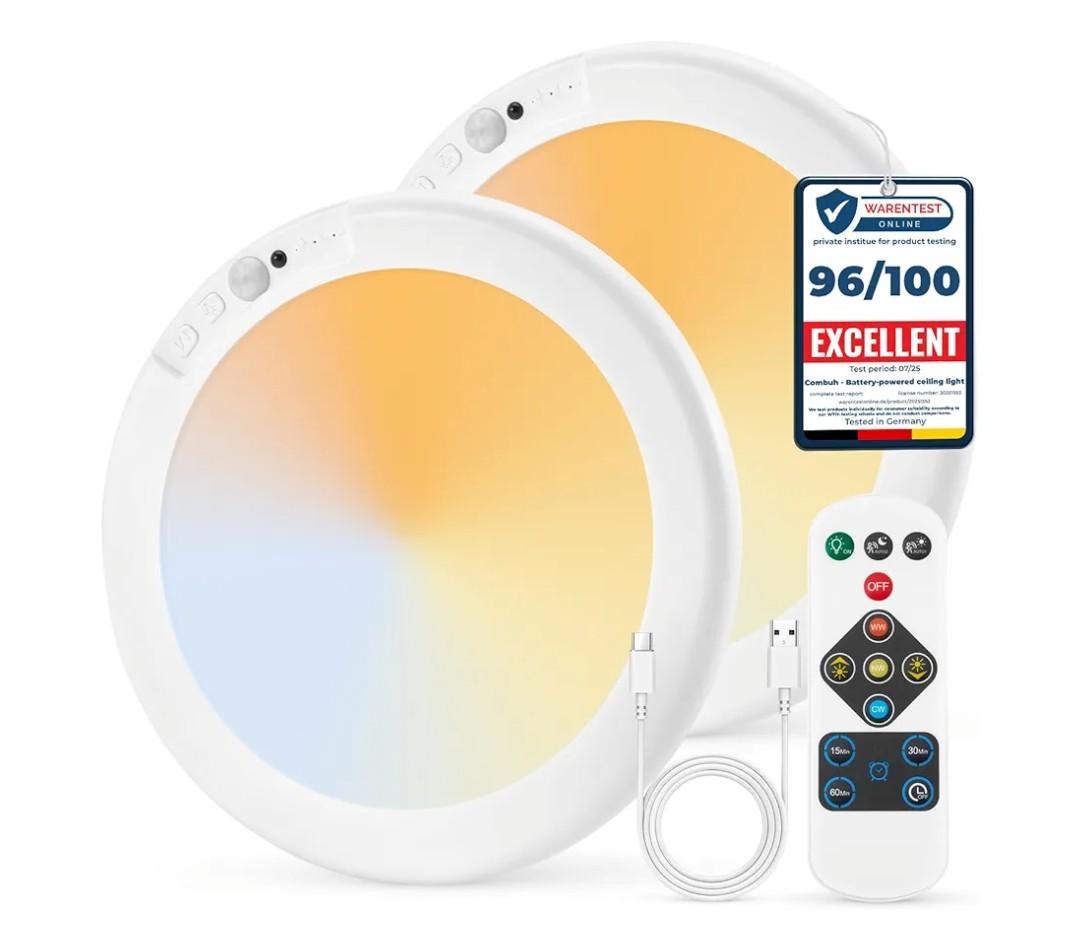 Combuh 2Pack Rechargeable Closet Lights Motion Sensored, Battery Powered Shower Lamp with Remote, Dimming Timing Cordless Ceiling Light Fixture for Pantry Laundry Bathroom Hallway, 7.48Inch, Round