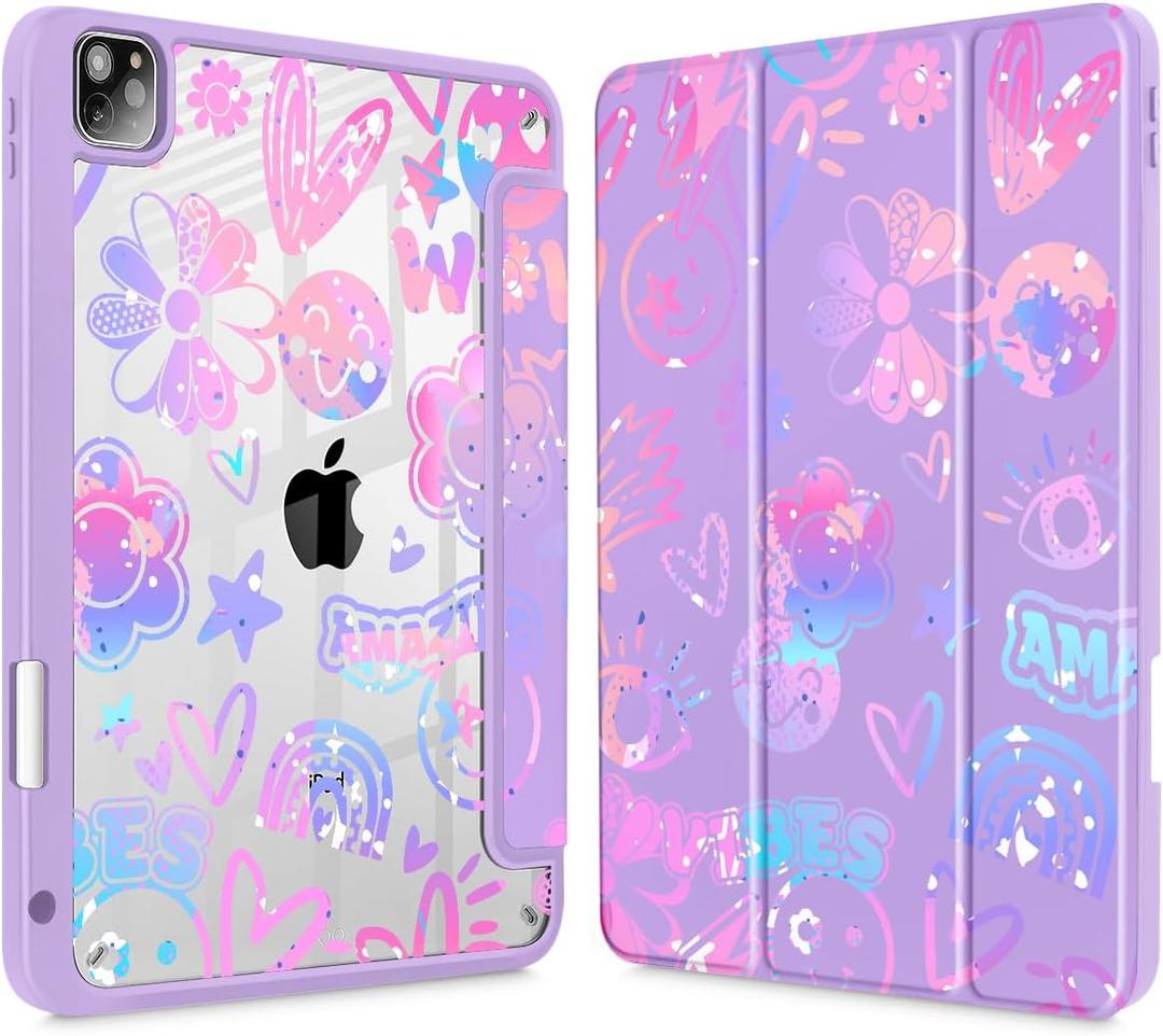  iPad Pro 11 Inch 4th / 3rd / 2nd / 1st Gen (2022 2021 2020 2018) Case -Built-in Pencil Holder Shockproof Cover Clear Transparent Back Shell with Auto Wake/Sleep, Fun Emotions Purple