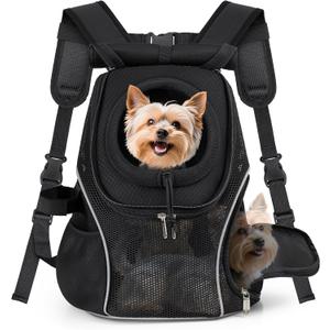 WOYYHO Pet Dog Carrier Backpack with Top and Side Windows, Small Dog Front Backpack Ventilated Mesh Dog Back Pack with Safety Belt for Travel Hiking Outdoor Adventures (Size L: 10-14 lbs, Black 2.0)