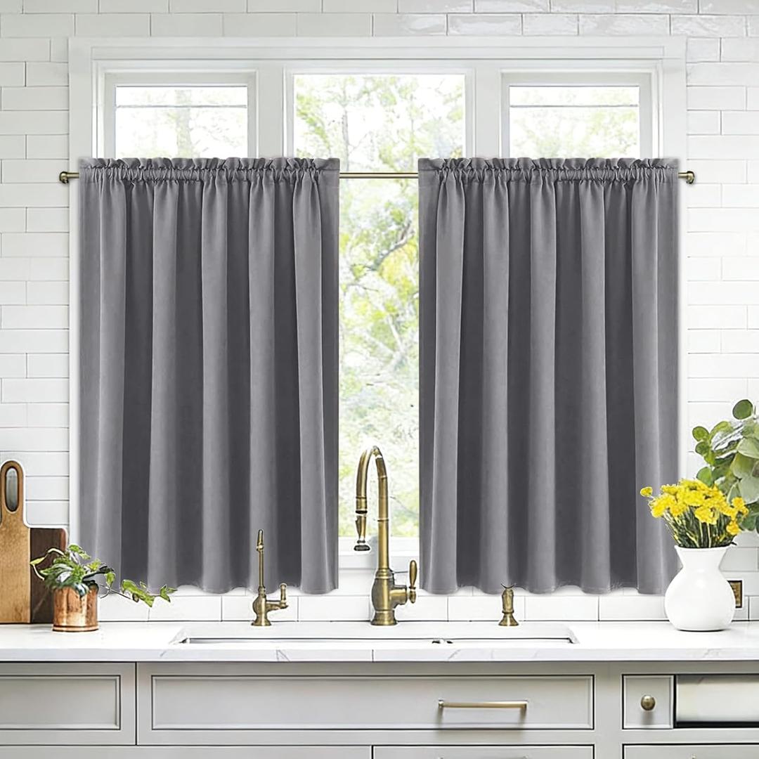 DWCN Grey Blackout Curtains for Half Window, Thermal Insulated Energy Saving Room Darkening Curtains for Kitchen/Bedroom (W60 x L36 inch, Set of 2 Panels, Top of Rod Pocket)