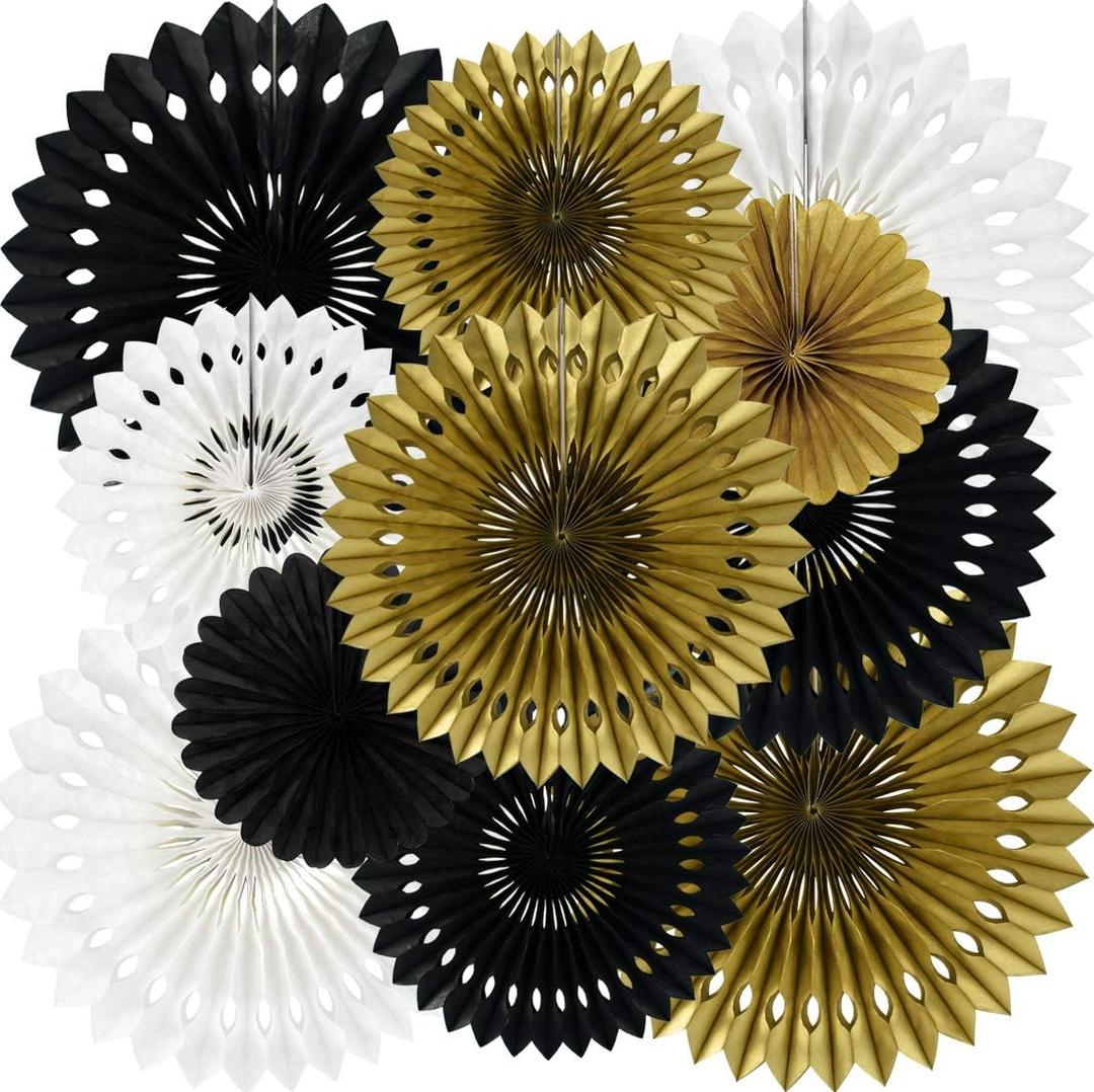 BEISHIDA Black Gold White Hanging Honeycomb Round Paper Fan Decoration Set for Christmas Halloween New Years Baby Shower Birthday Wedding Bachelorette Photo Backdrop Anniversary Party Supplies11pack