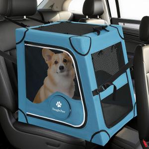 Snagle Paw Portable Dog Crate for Car Travel,Metal Frame Pet Crate,Pet Carrier for Car Back Seat Secures with Headrest Strap and Seatbelt,M (Blue)