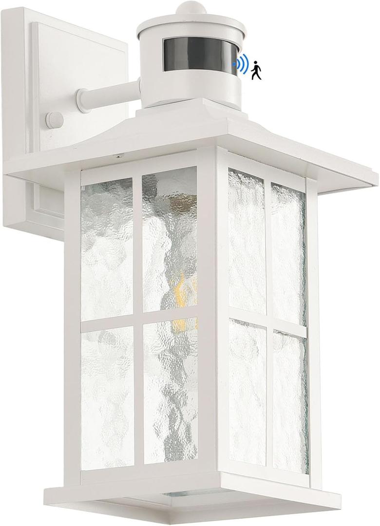 FLEDAVID Motion Sensor Outdoor Wall Light Fixtures Dusk to Dawn Exterior Porch Lantern White Outside Sconce Lighting Rustic Wall Mount Lamp with Water Ripple Glass for House Garage Patio Entryway (White 1-Pack)