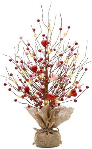 nuvagiki Artificial Valentine's Day Tree Decor - 20 Inch 20 LED Lights Red & Pink Valentine's Day Table Centerpieces for Valentines Day Decorations Indoor, Valentine Tree Valentine Table Decorations