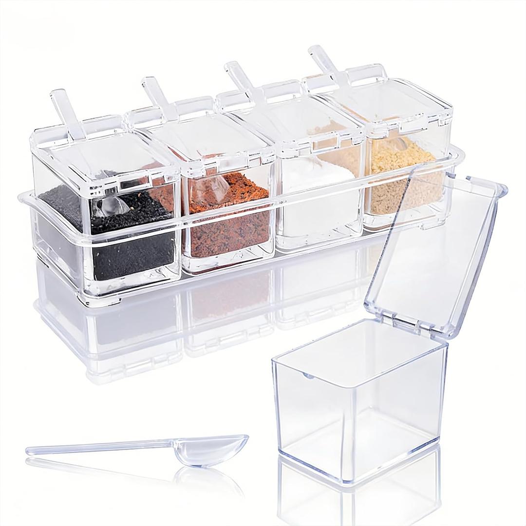 Clear Acrylic Seasoning Box, 4 Pieces Seasoning Rack Spice Pots, Condiment Storage Containers with Lids and Spoons, Toppings Containers for Salt, Spice, Pepper, Sugar, Cardamon, Cinnamon