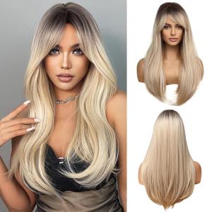 Esmee 24 Inches Long Straight Ombre Blonde Wig with Bangs for Women Side Parting Natural Synthetic Hair Wigs with Dark Roots for Daily Party Cosplay Wear (Long Ombre Blonde)