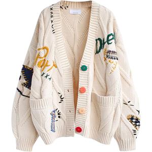 Women's Cable Knit Long Sleeve Open Front Cardigan Sheep V-Neck Button Down Embroidery Wool Blend Sweater Coat Outwear (Medium, Beige)