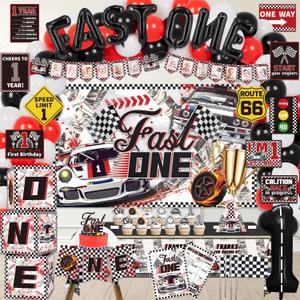 Fast One Birthday Decorations, 125 Pcs Race Car First 1st Birthday Party Supplies for Boys Baby - Banner, Cake Toppers, Balloons, Tablecloth, Centerpieces, Crown, Poster, Baby Boxes
