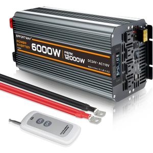 Power Inverter DC 24V to AC 110V/120V Converter with LCD Display Wireless Controller, Cable Pair,AC outlets USB.RV Travel,Suitable for Camping,and Off-Grid Solar Systems (6000w-24v)