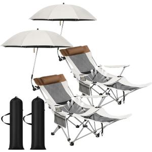 Colingmill 2 Pack Reclining Camping Chairs with 2 Umbrellas, Folding Beach Chairs with Footrest, Headrest, Cup Holder, 4-Position Adjustable Backrest Lounger for Lawn Outdoor, Picnic(Beige)