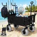 Fishing Cart Beach Wagon for Sand, Heavy Duty Foldable Beach Cart, 9" All-Terrain Wheels, Collapsible Wagon with Rod Holders & Side Pockets, Large Capacity Cargo for Fishing, Camping, Outdoor (Black)