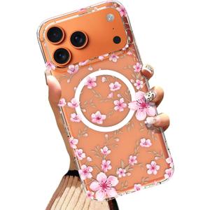 AIGOMARA Phone Case Made for iPhone 17 Pro, Pink Floral Flowers | Compatible with MagSafe, Clear Phone Cover with Pink Flowers for Women, Soft TPU and Hard PC, Shockproof Anti-Scratch